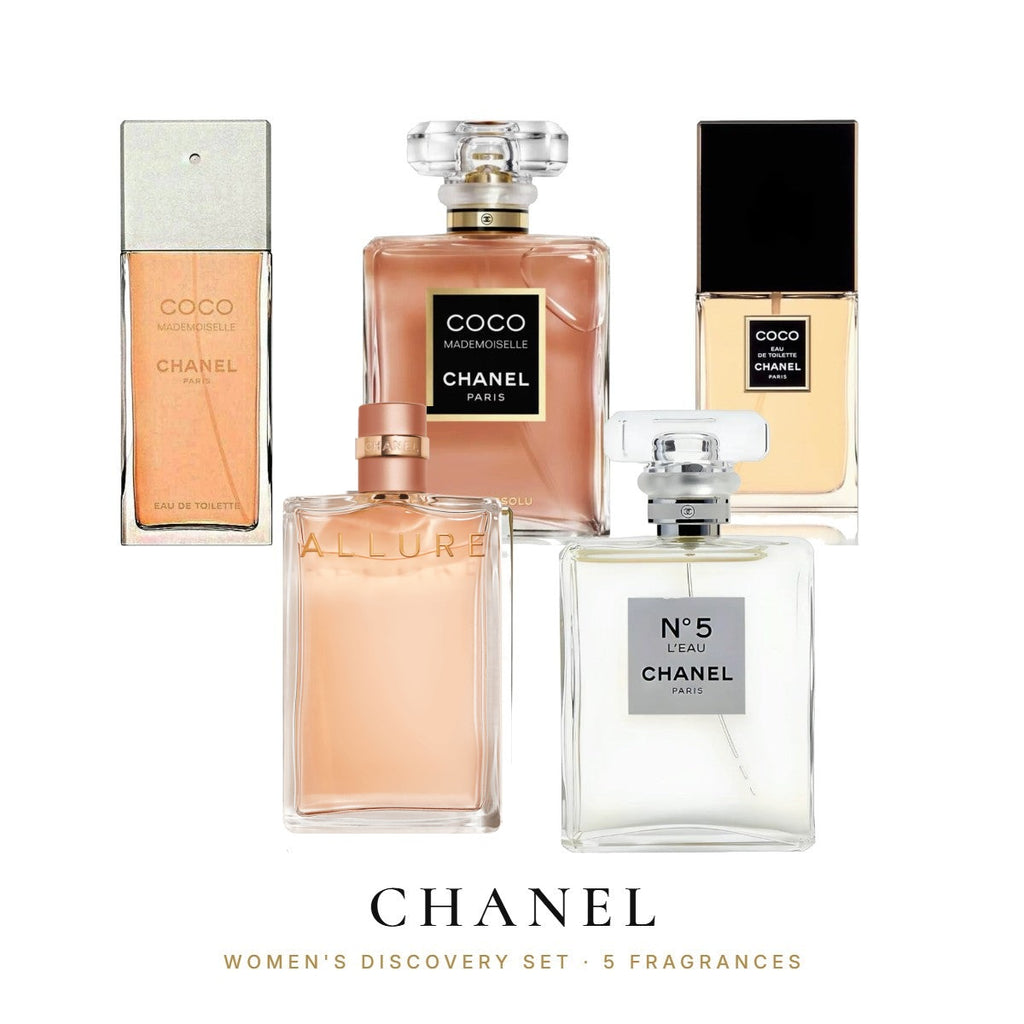 Chanel Women's Discovery Set with 5 fragrances: Allure EDP, Coco EDT, Coco Mademoiselle Crush Absolu, Coco Mademoiselle EDT and N°5 L'Eau