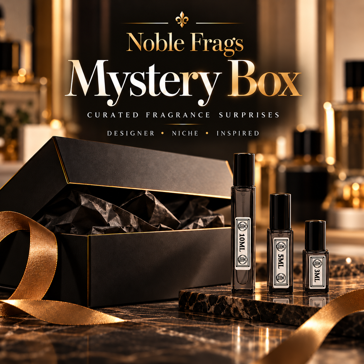 Noble Frags Mystery Box with 3ML, 5ML, and 10ML fragrance decants